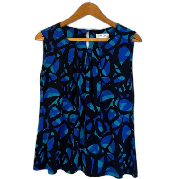 Calvin Klein Bold Abstract Tank Blouse Artsy Pleated Neckline Size XL Office - Picture 1 of 8
